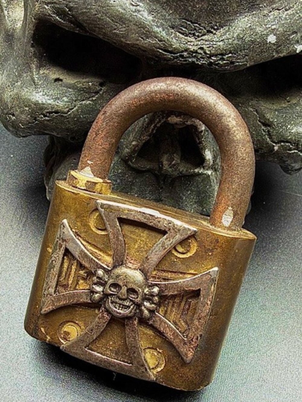 Memento Mori Wehrmacht Skull on Vintage FRAIM Padlock- Pendant Necklace 925